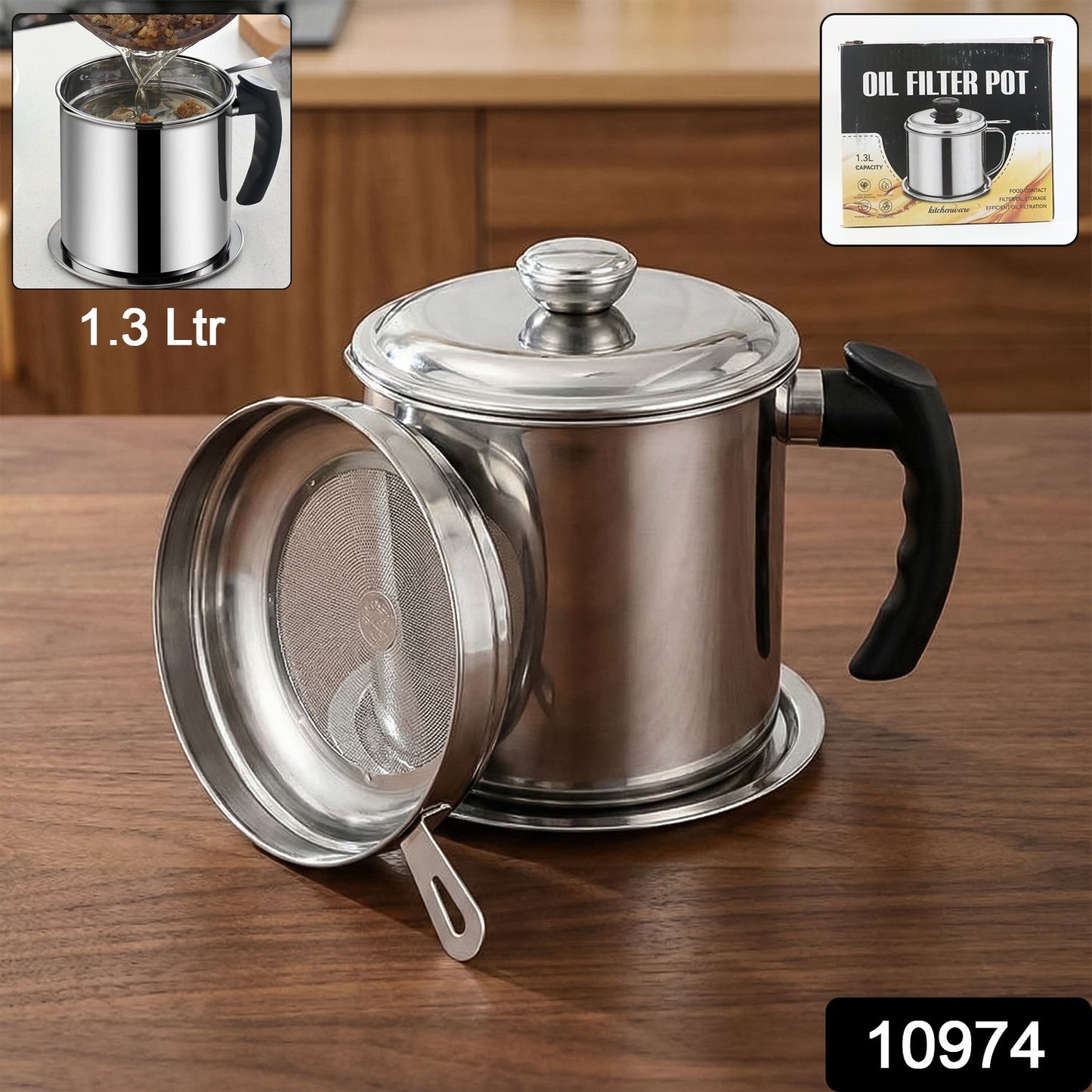 Wukusy Premium stainless steel oil filter pot, 1.3 Ltr, with lid and spout for filtering cooking oil in a modern kitchen.