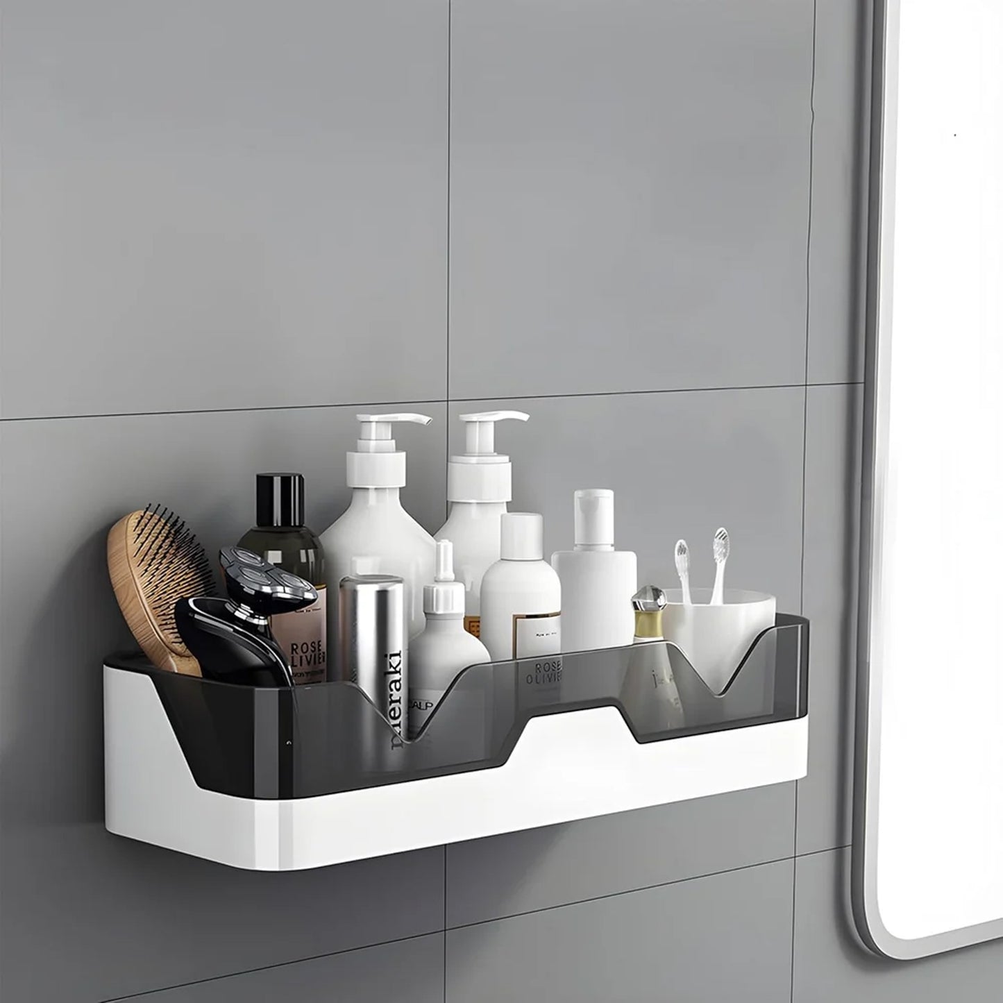 Wall-mounted Wukusy plastic storage shelf with self-adhesive backing, ideal for organizing small items on walls.