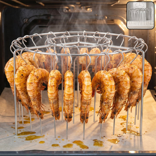 Stainless steel Wukusy air fryer skewer stand with kebab rack holder for BBQ, perfect for grilling skewers.