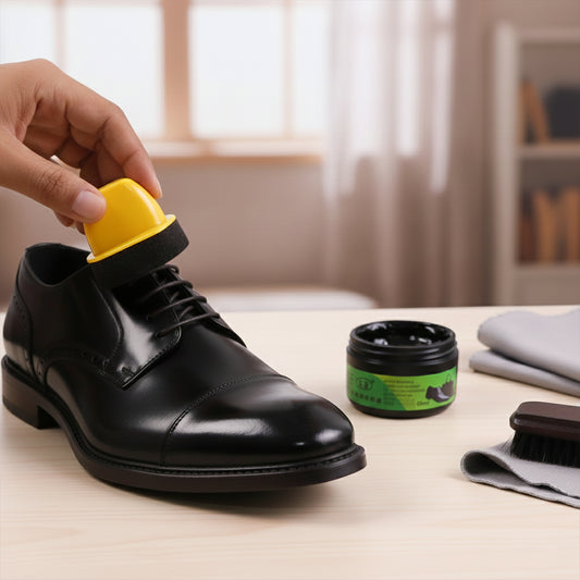 Wukusy black shoe polish cream with built-in sponge applicator, 60ml, showing the polish container with sponge tip for shine and protection.