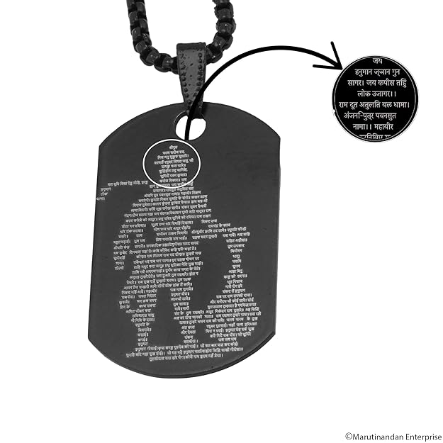 Stainless steel Hanuman Chalisa locket necklace with micro-carved Hanuman tag and crisscross chain, unisex men's jewelry.