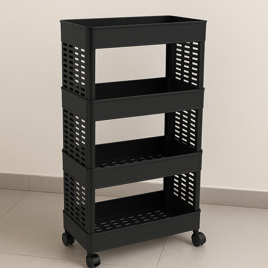 Wukusy 4-layer plastic storage rack with wheels, featuring multiple shelves and a sturdy design for organizing items efficiently