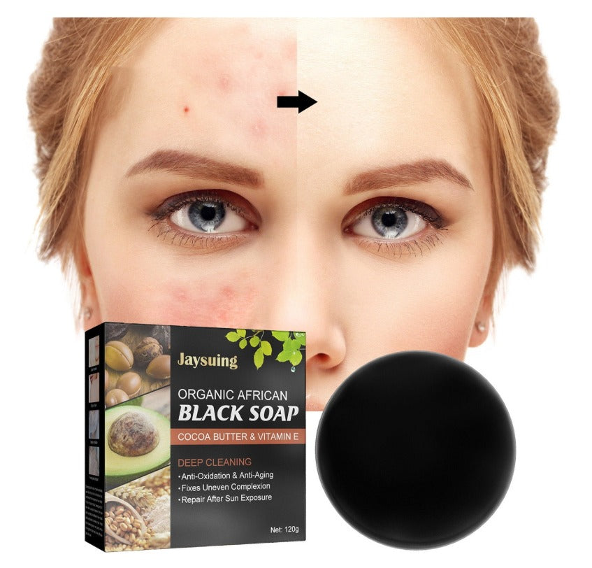 Handmade African black soap with shea butter and vitamin E by Drpshippr, shown in a pack of two, featuring dark, textured soap bars.