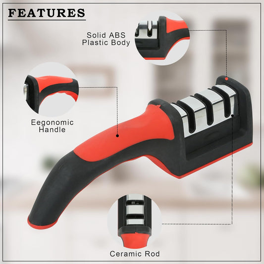 Kiyansh Enterprise 3-in-1 manual knife sharpener with easy-grip handle and non-slip base for ceramic and steel knives.