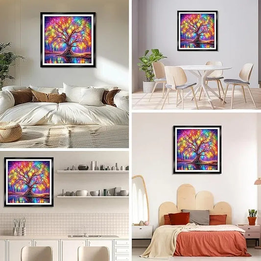 3D diamond art painting kit featuring a tree design, ideal for adults and beginners, with colorful diamond beads for crafting.