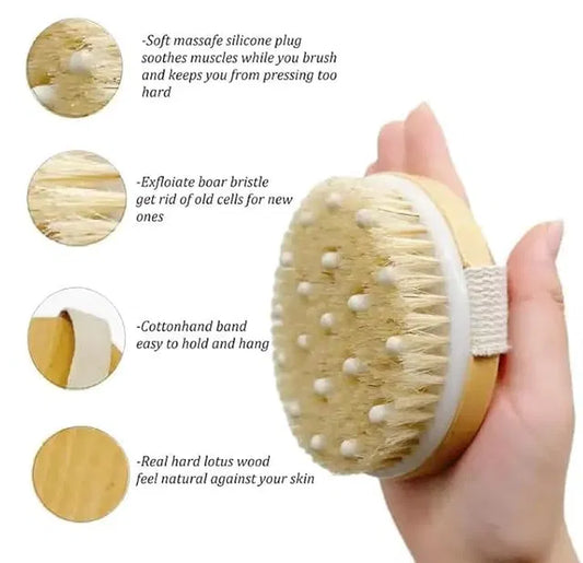Multicolor wood bath brush with handle and soft nylon mesh back for men and women, body scrubber and loofah bath sponge.
