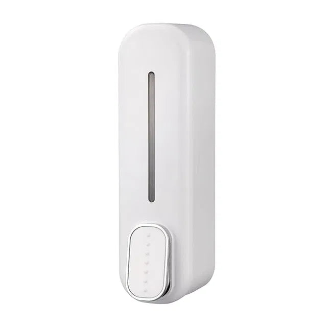White wall-mounted liquid shampoo and shower gel dispenser for hotel bathrooms, made by 25509, with easy-to-use hand pump.