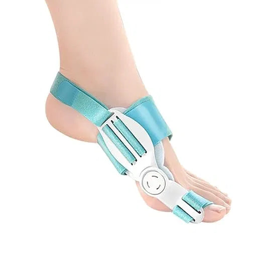 Adjustable toe straightener for men and women, shown with delicate women's anklet and toe ring accessories.