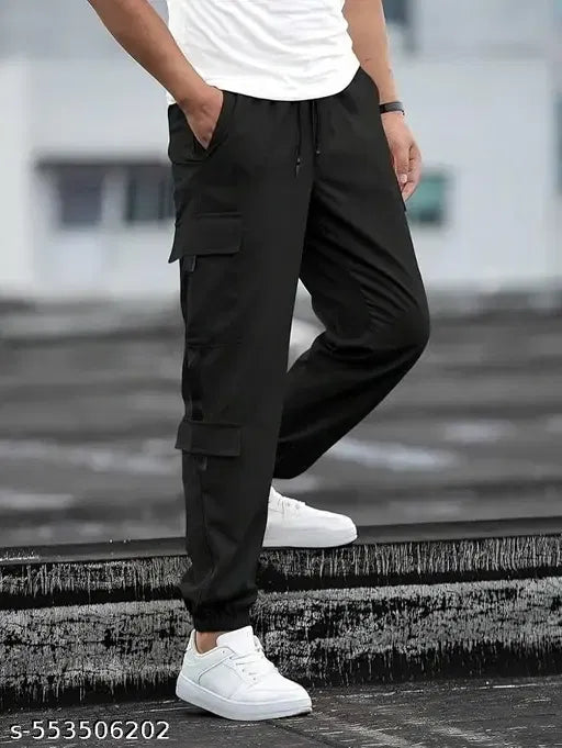 Black men's cargo track pants by 25976, featuring a comfortable fit and multiple pockets, shown in a pack of one.
