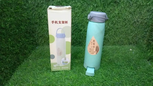Ekom 380ml portable glass water bottle with wheat fragrance design, wide mouth, mobile phone holder, ideal for kitchen and dining use.