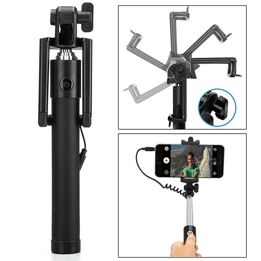 Wukusy 1347 Selfie Stick with Aux Wire for smartphones, showing the extendable selfie stick and connection cable in a box.
