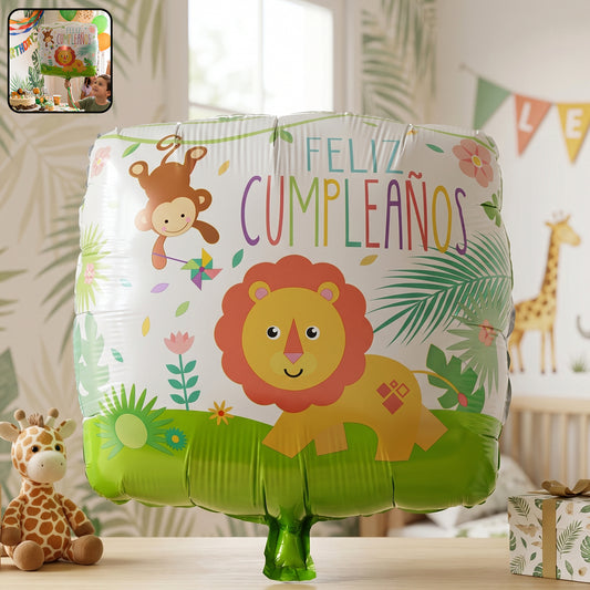 Jungle theme lion birthday foil balloon by Wukusy, featuring a colorful lion design for kids' birthday celebrations.