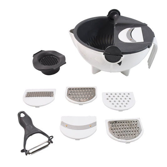 Wukusy 9-in-1 multifunctional vegetable chopper with stainless steel blades and multiple attachments for kitchen prep.