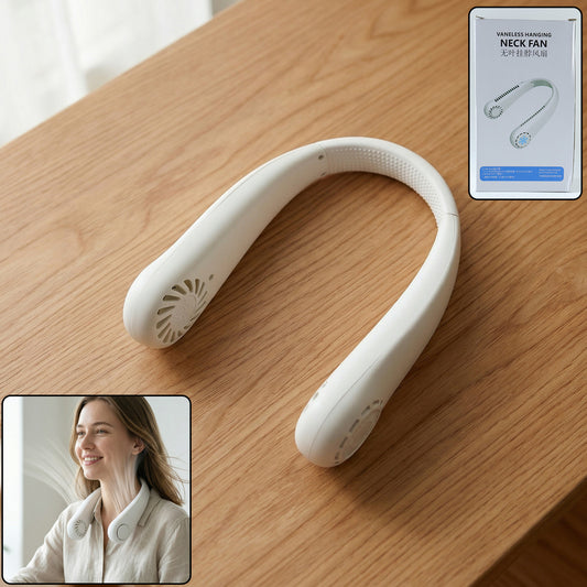 White portable rechargeable neck fan by Wukusy with adjustable airflow for personal cooling.