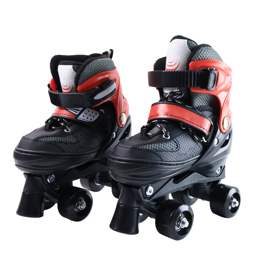 Wukusy adjustable quad roller skates for kids with colorful wheels and sturdy black and pink design, suitable for beginner skaters