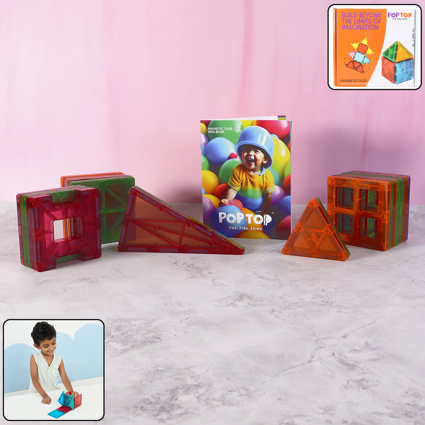 Wukusy Magnetic Building Tiles 32-piece set showing colorful geometric shapes assembled into a creative structure.