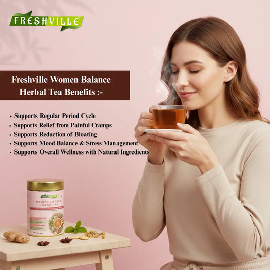 Tea pot filled with Women Balance Herbal Tea by 34136, showcasing a traditional ceramic tea pot and herbal tea leaves inside.