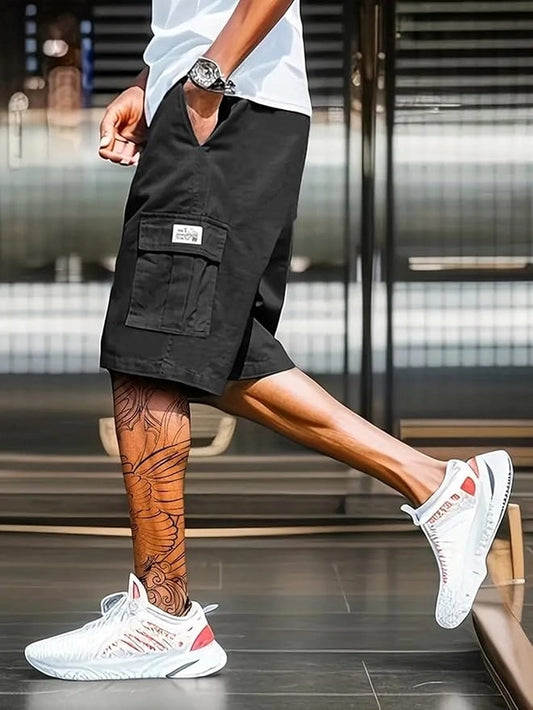 Men's cotton casual cargo shorts in neutral color, featuring multiple pockets, designed for comfortable everyday wear.
