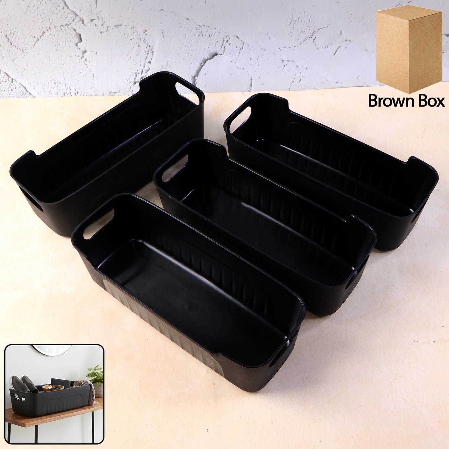 Set of four black plastic storage baskets by Wukusy, used for organizing home or office spaces.