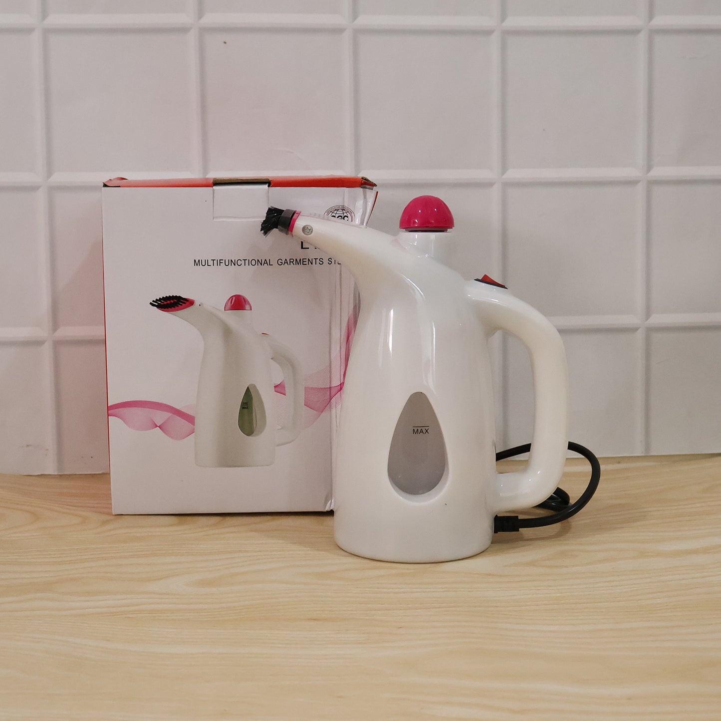 Wukusy multi-functional garment steamer with 200ml water capacity, showing its handheld design and steam nozzle for clothes.