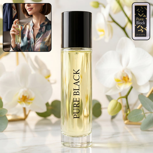Wukusy Pure Black Eau De Parfum spray bottle, 30ml, with sleek black packaging and elegant design.