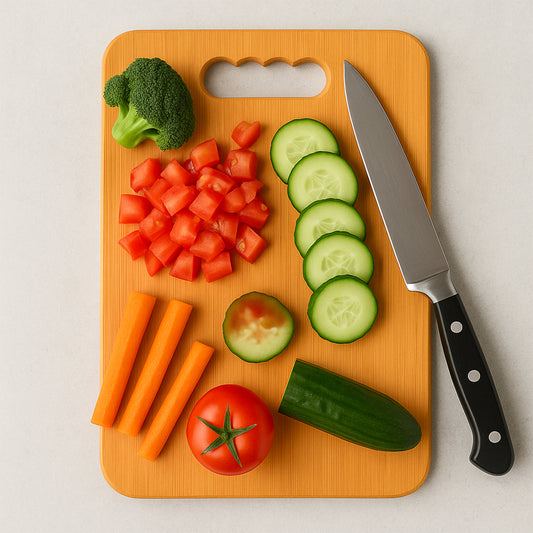 Wukusy 7122 wooden chopping board for vegetable cutting, kitchen use, showing a sturdy wood surface with chopped vegetables.