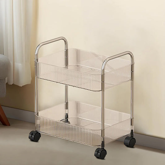 Wukusy 2-layer multipurpose storage trolley with wheels, featuring sturdy plastic shelves and four caster wheels for easy mobility.