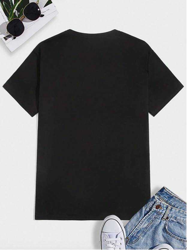 Men's black polyester T-shirt with printed round neck design, casual fit, from the 4675 brand.