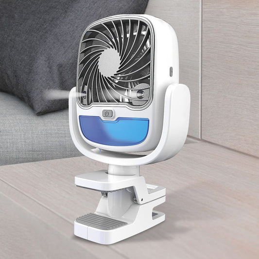 Wukusy 13010 portable fan with adjustable 3-speed settings, clamp mount, 360° swivel, LED lights, ideal for indoor or outdoor use.