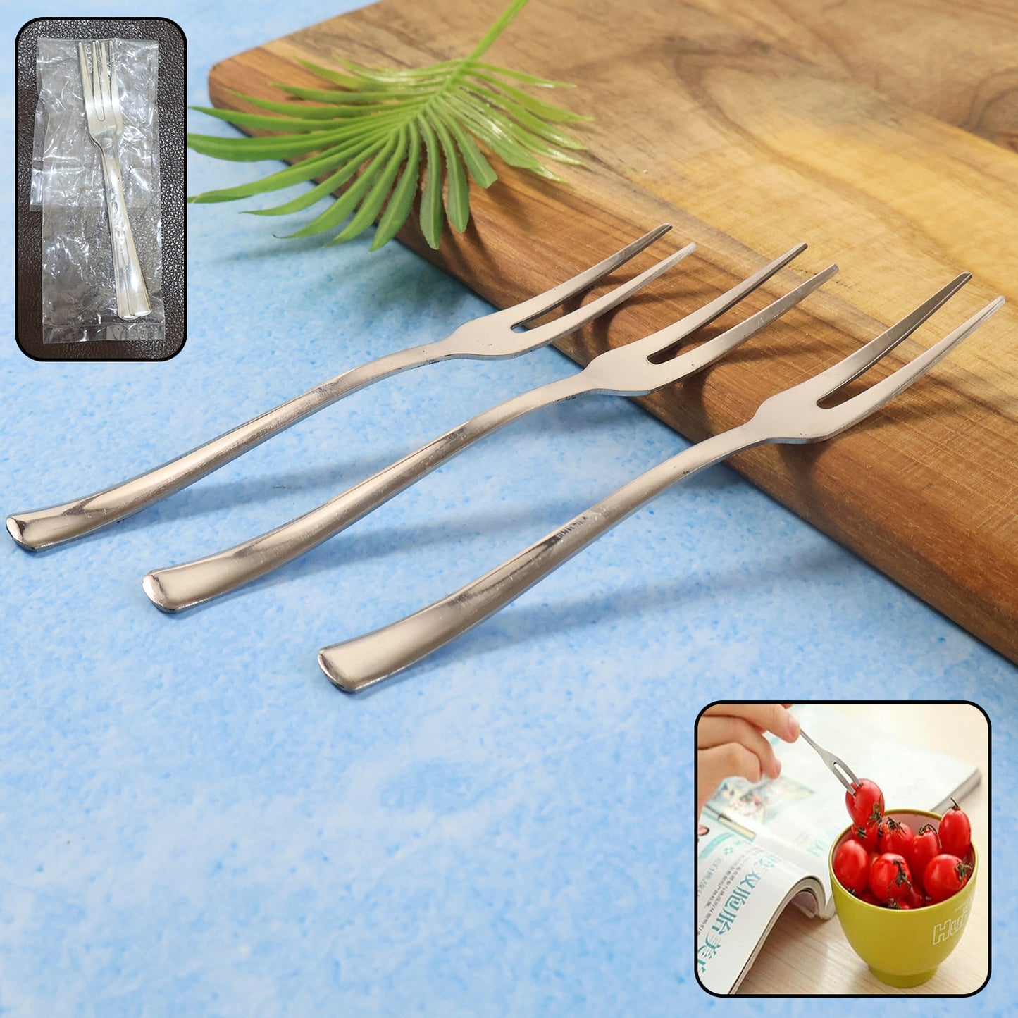 Set of three Wukusy mini dessert fruit forks, stainless steel utensils for serving small desserts and fruit.