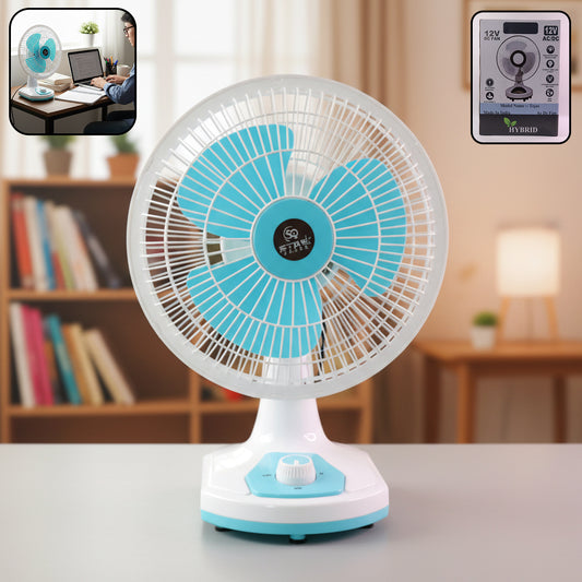 Wukusy 12V DC table fan with adjustable speed control and high airflow, shown on a desk with blades and control panel visible.