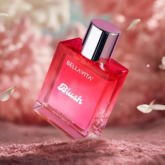 Wukusy Bellavita Premium Blush Eau de Perfume 100 ml bottle with elegant pink floral design and gold accents.