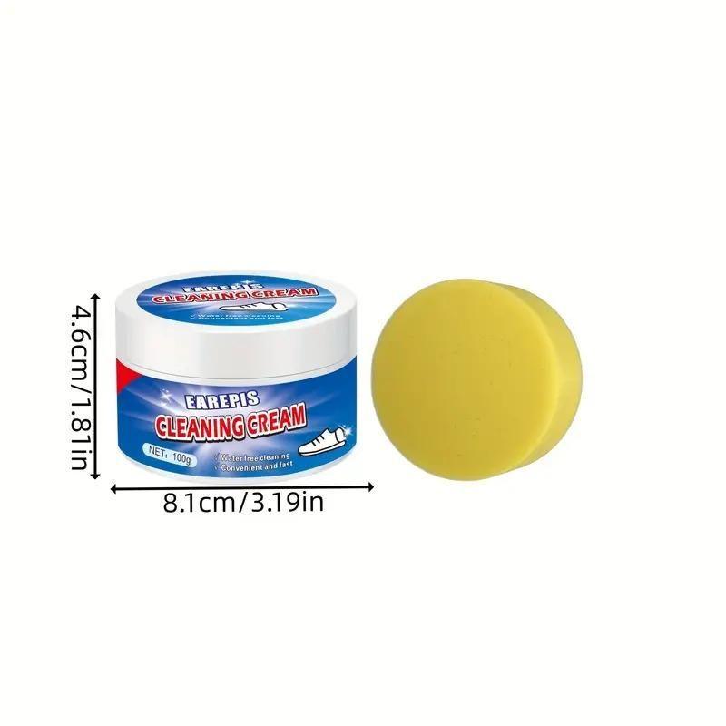 Multipurpose whitening cleaning cream with sponge for shoe polishing, by 5912, showing the cream and sponge applicator.