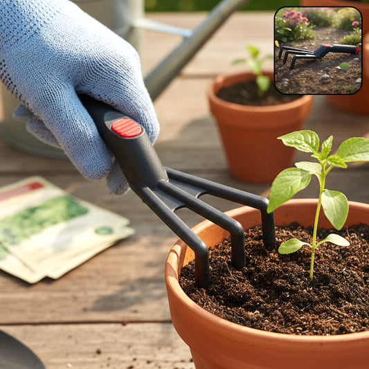 Wukusy hand garden cultivator rake, 27 cm plastic gardening tool for soil aeration and weed removal, shown on a garden bed.