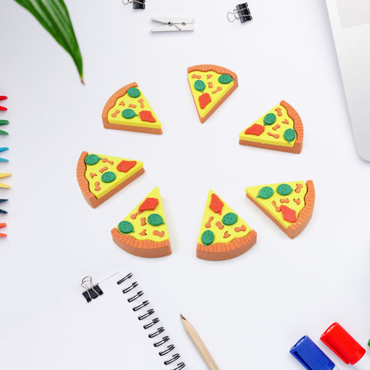 Colorful 3D pizza slices eraser set by Wukusy, featuring seven pizza-shaped erasers for kids and adults, ideal for school and gifts.