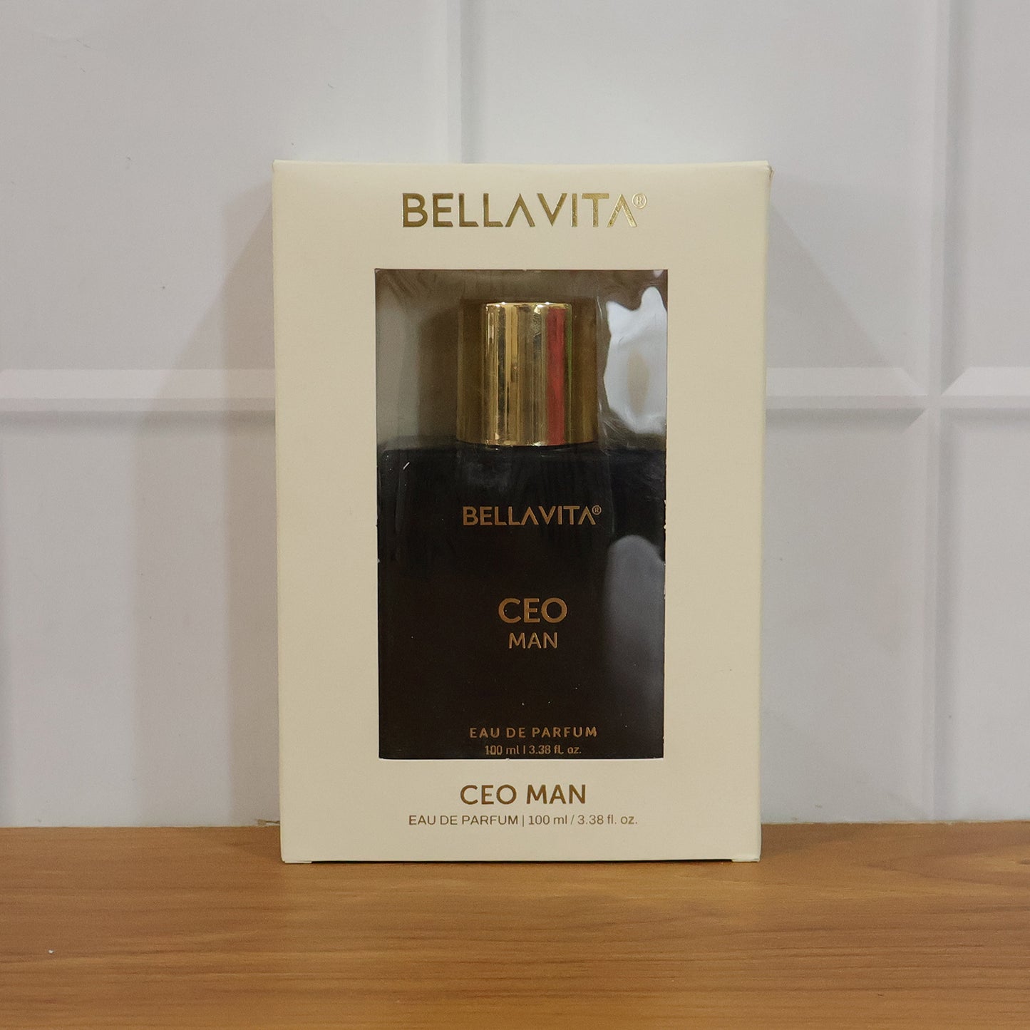 Bellavita Premium CEO Man Eau De Perfume bottle by Wukusy, 100ml, sleek glass container with minimalist design.