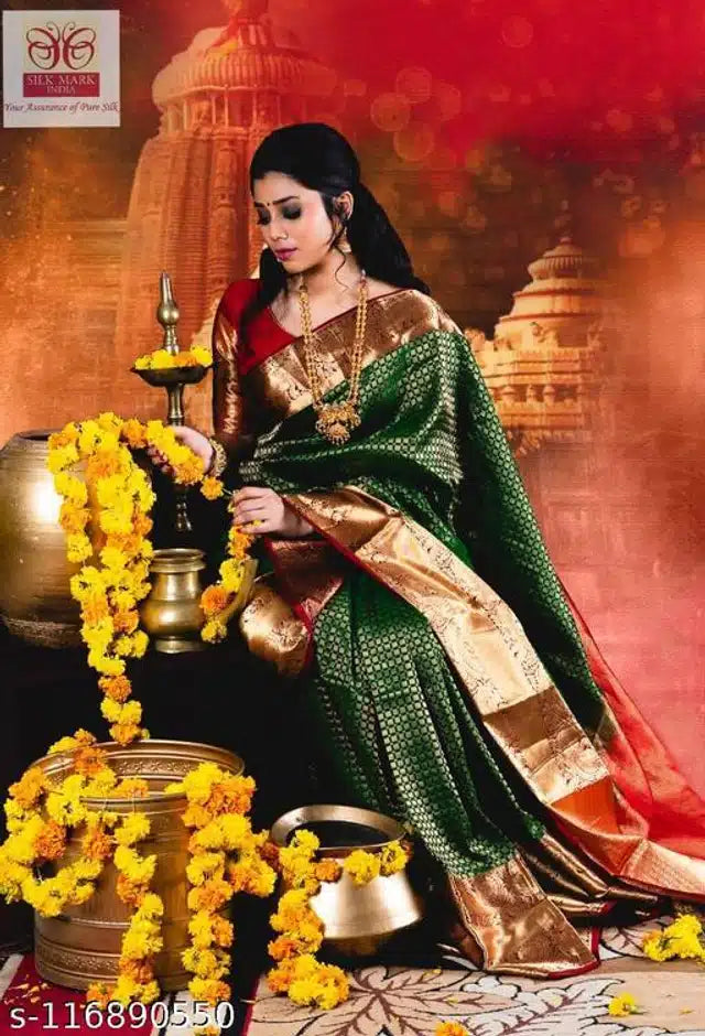 Green Jacquard saree for women, 6.3 meters with blouse, featuring intricate woven patterns and elegant fabric.