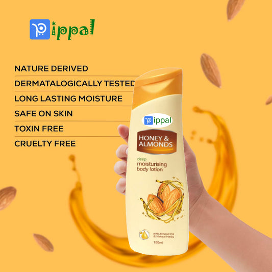 Pippal Almonds with Honey Body Lotion by 6255, deep moisturizing cream in a pump bottle, shown with almond and honey imagery.
