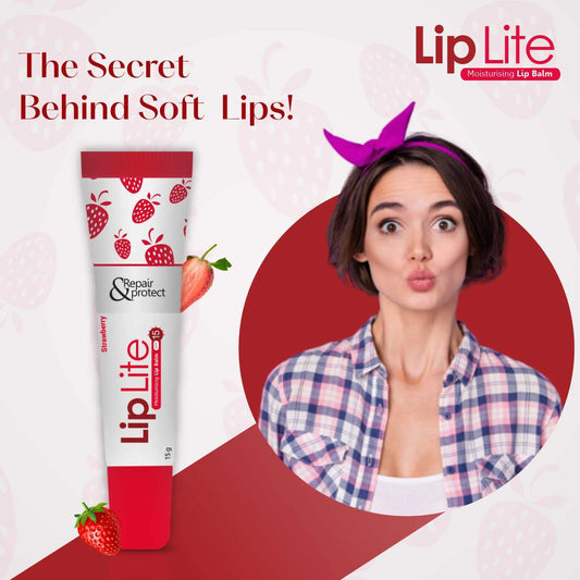 Pack of 8 Lip Lite Strawberry Moisturising Lip Balms in 15g tubes, featuring bright red packaging and glossy lips on the label.