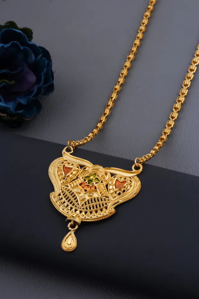 Traditional gold-plated Ki Mala design with Chen Ladi long mangalsutra for women, showcasing intricate jewelry craftsmanship.
