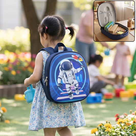 Kids school backpack sling crossbody bag by Wukusy with astronaut print, featuring a hard shell design and adjustable strap.