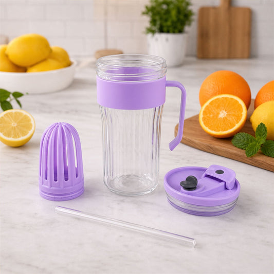 Wukusy glass tumbler with lid, straw, and handle for cold beverages and juice, featuring clear glass design.