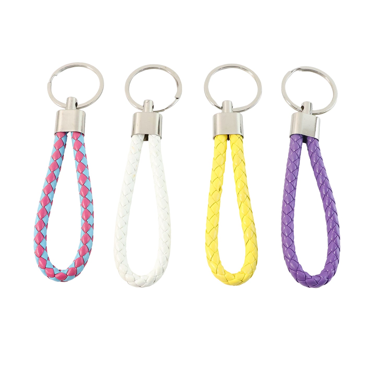 Set of four braided loop keychains by Wukusy featuring colorful woven designs on sturdy metal key rings.