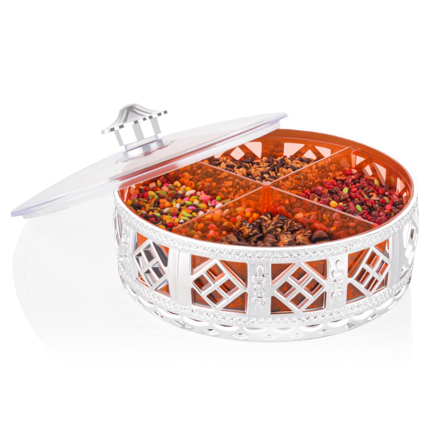 Wukusy multipurpose dry fruit box with four sections, round silver gift box for dry fruits, kitchen storage container.