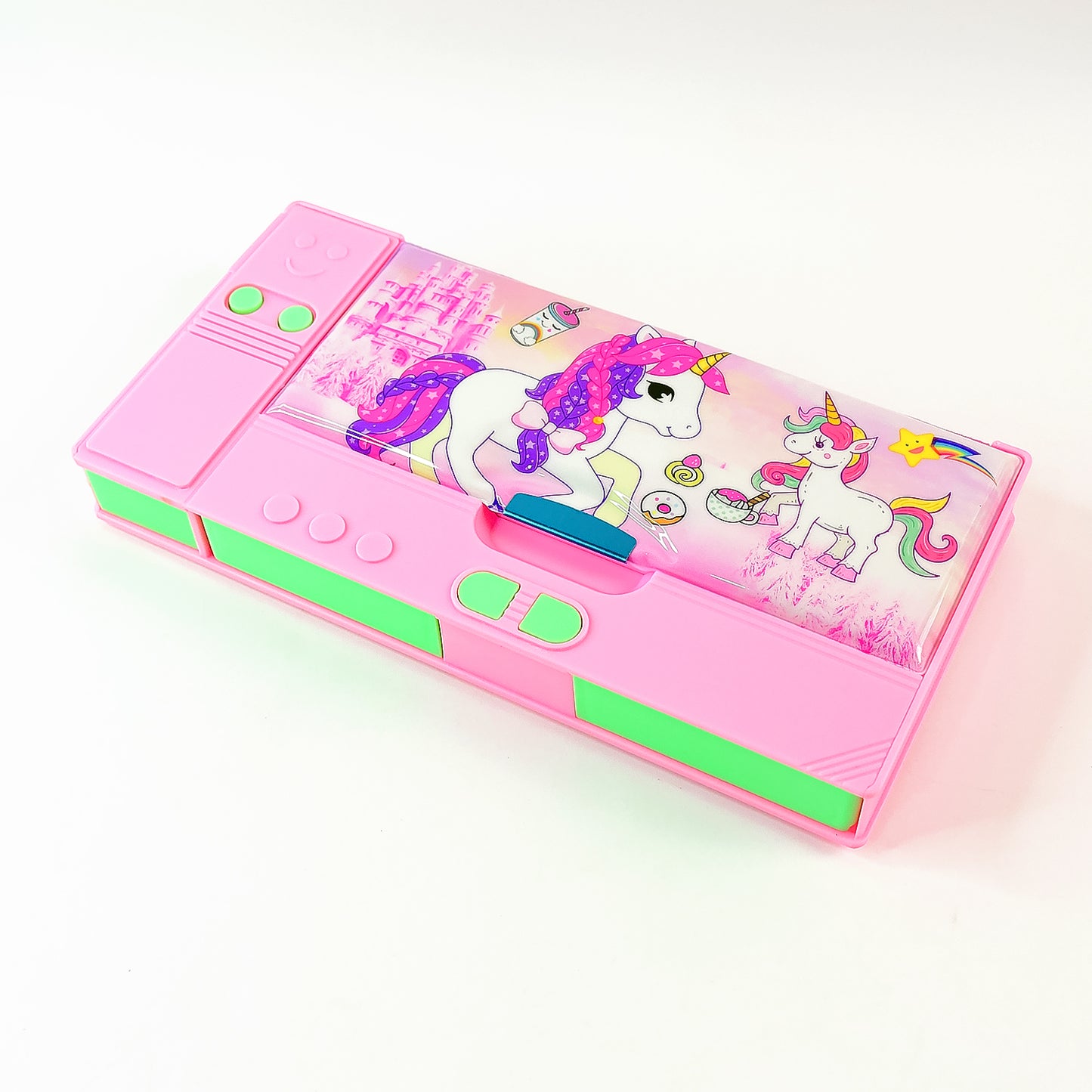 Wukusy jumbo multi-purpose gadget pencil box with compass, calculator, and side slots, ideal for school and travel use.