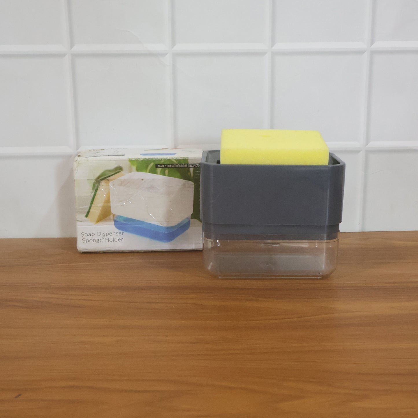 Wukusy soap dispenser with sponge holder set, white plastic bathroom countertop organizer with pump and built-in sponge tray