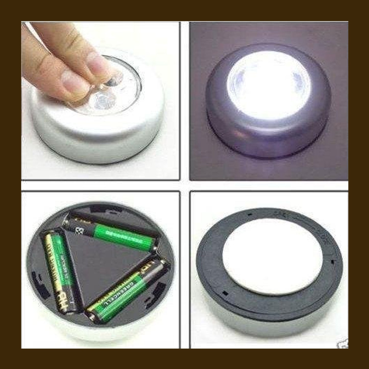 Wukusy 4 LED battery-powered wireless night light stick-on touch lamp attached to a closet cabinet for easy illumination.