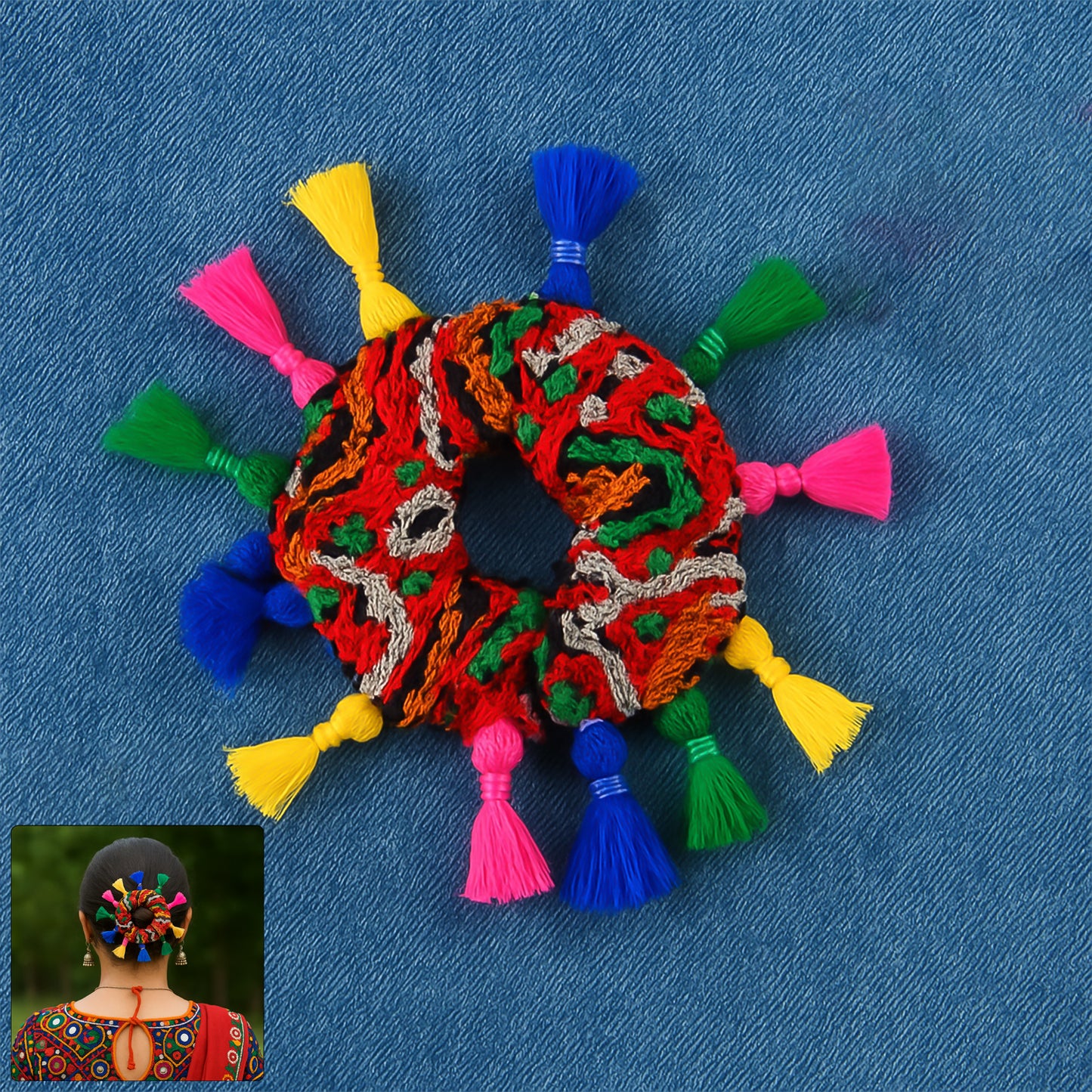 Traditional multicolor Navratri hair bun accessory by Wukusy, decorated with vibrant beads and intricate designs for festive occasions.