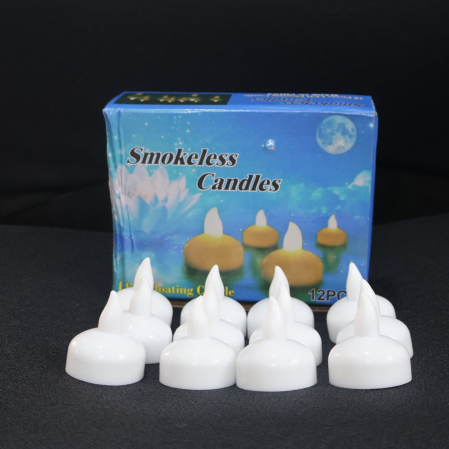Set of 12 Wukusy LED floating smokeless candles for home decor, showcasing glowing, flame-free candles in a serene arrangement.