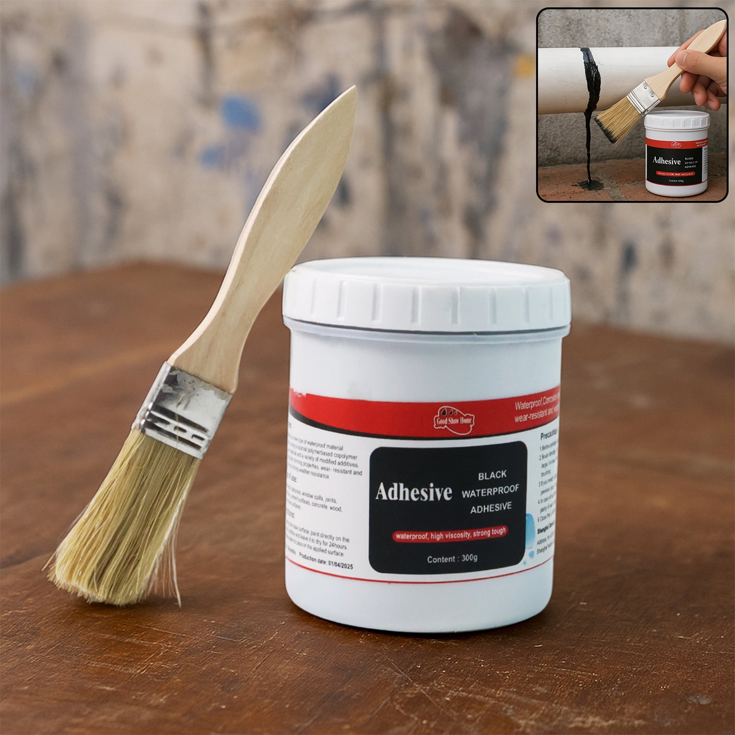 Black waterproof adhesive paste in 300g set by Wukusy, shown in a container suitable for home improvement projects